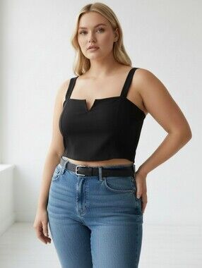 Cider Black Notched Square Neck Crop Tank Top